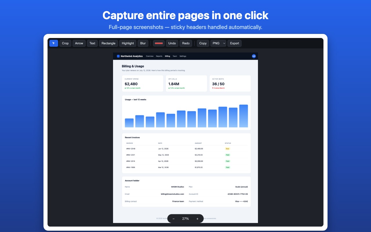 The Tallshot editor showing a full-page capture of a dashboard, with the toolbar of capture and annotation tools.